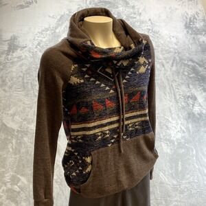 12PM By Mon Ami Cowl Knit Sweatshirt Womens Small Top Folded Funnel Neck Western